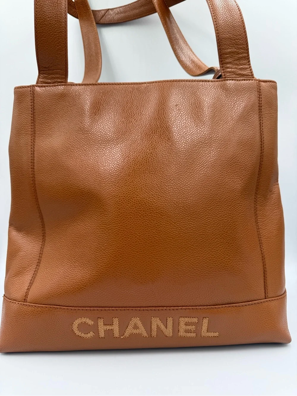 CHANEL Tan/Brown Caviar Leather Tote with CC Charm and Gold Hardware